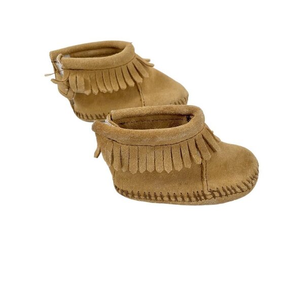 Minnetonka Tan Suede Fringe Pull On Moccasin Booties Infant Size 2 Boho Western - Picture 3 of 8